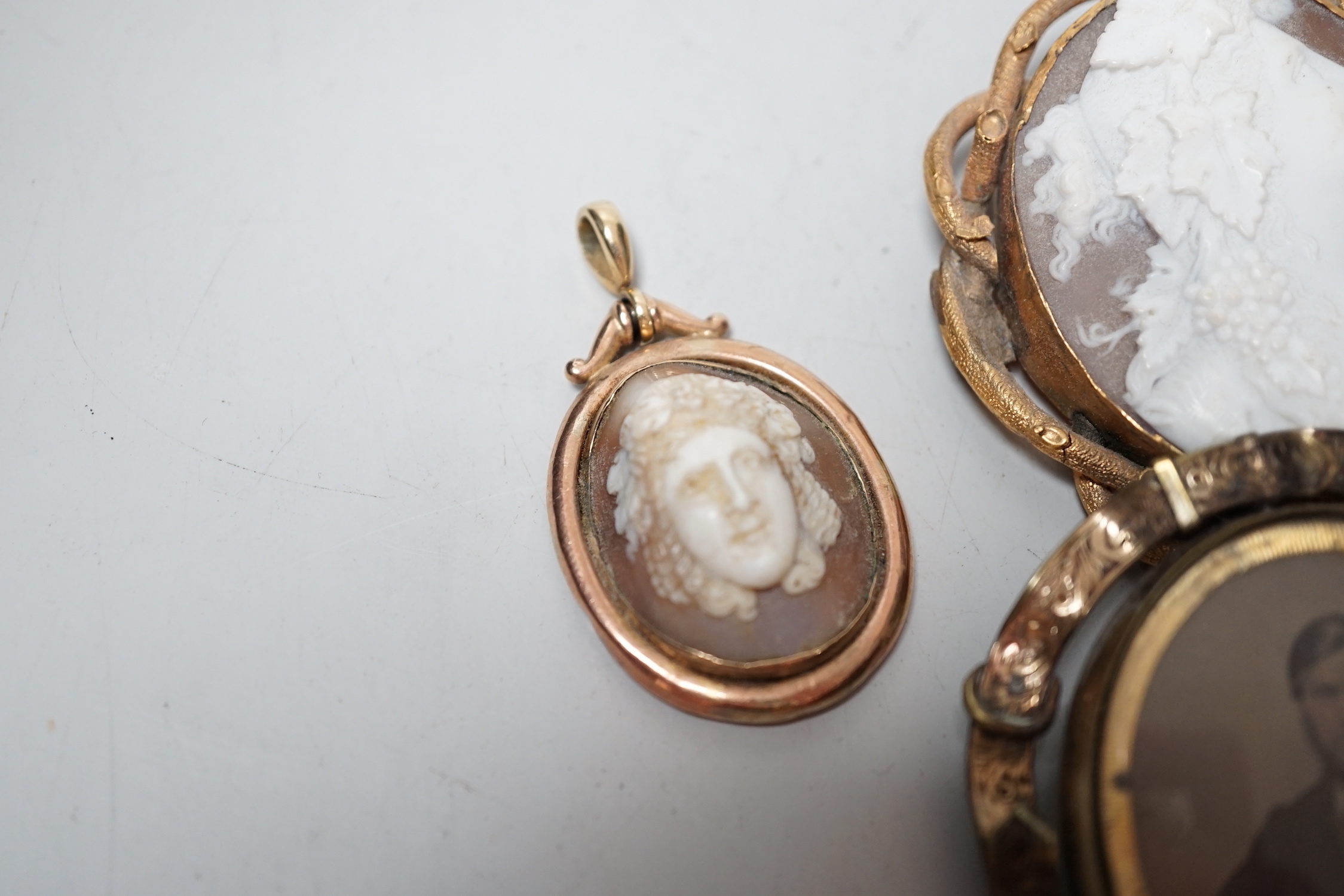 Three assorted gilt metal mounted cameo shell brooches, including bust and The Pliny Doves, largest 60mm, together with a locket and brooch with photograph of a gentleman.